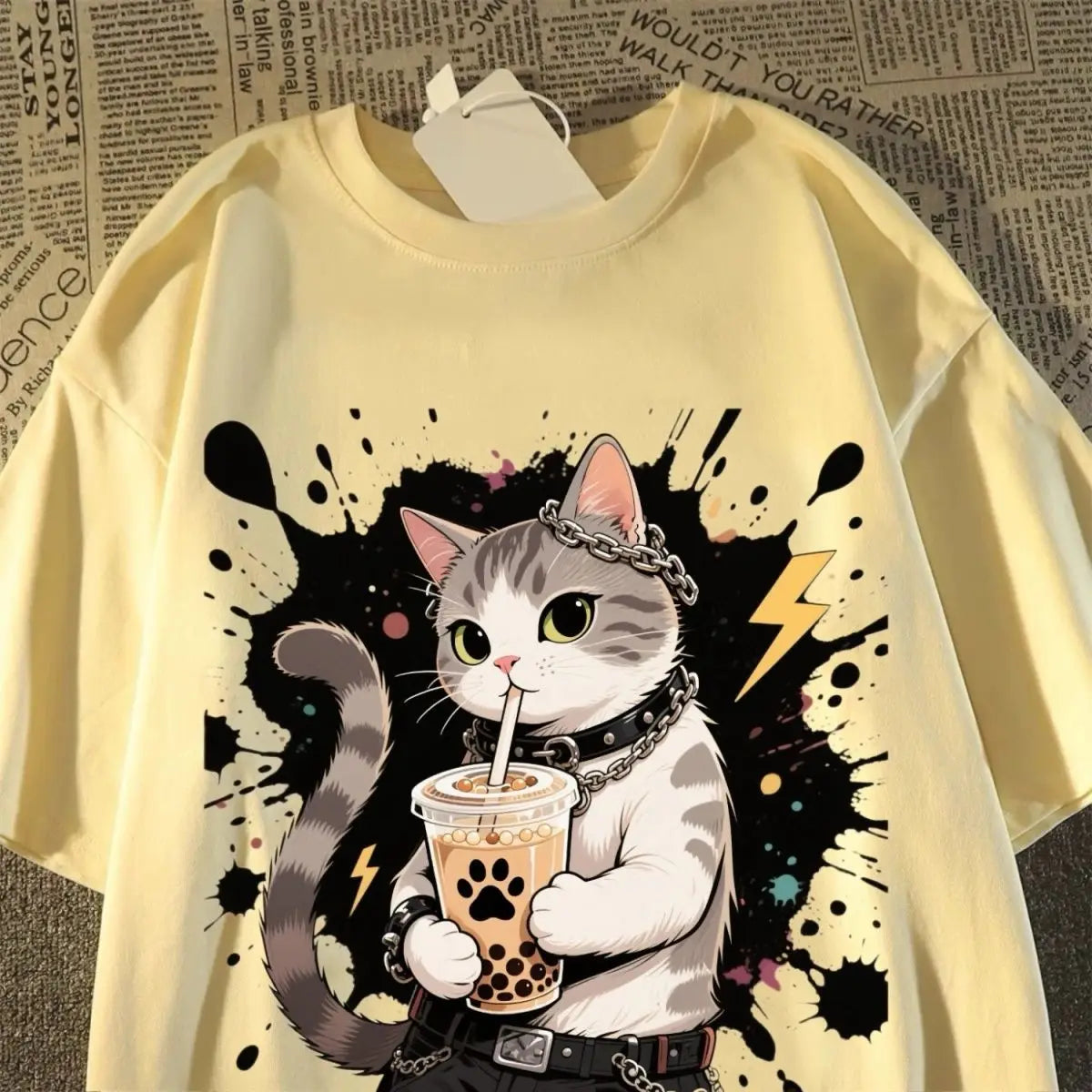 T-shirtand Womens Summer New Drag Cool Kitten Print T-shirt American Student Short-sleeved Top Trendy