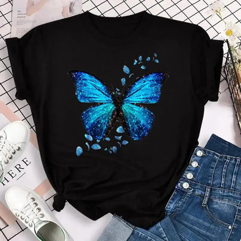 Fashion Women Men T Shirt Colorful Butterfly Petal Graphic Print T Shirt Casual Crew Neck Short Sleeve Plus Size T Shirt Unisex