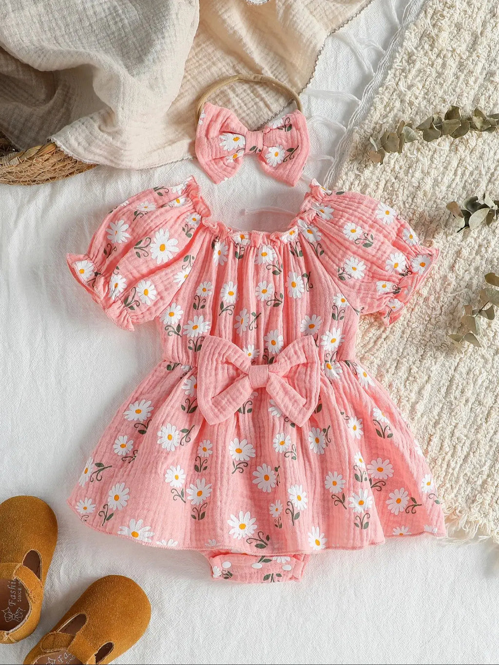 2Pcs Summer Newborn Soft  Cotton Pink Baby Girls Rompers Dress Daisy Print Short Sleeve Jumpsuits Clothes Bodysuits +Headband