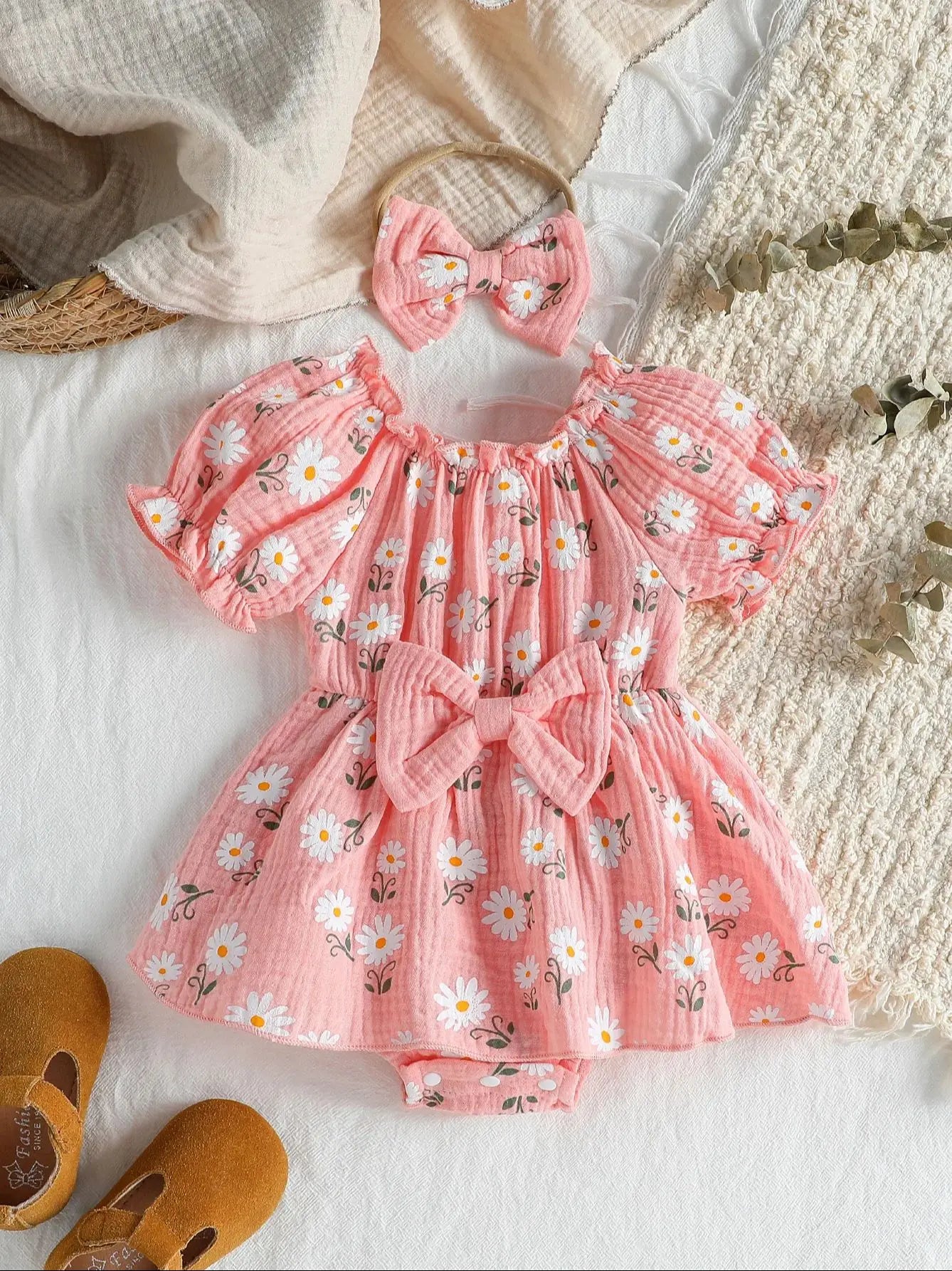 2Pcs Summer Newborn Soft  Cotton Pink Baby Girls Rompers Dress Daisy Print Short Sleeve Jumpsuits Clothes Bodysuits +Headband
