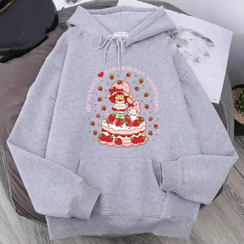 Cartoon Strawberry Women Hoodies Strawberry shortcake Hoodies Tops Long Sleeve Pockets Fashion Hooded Sweatshirts