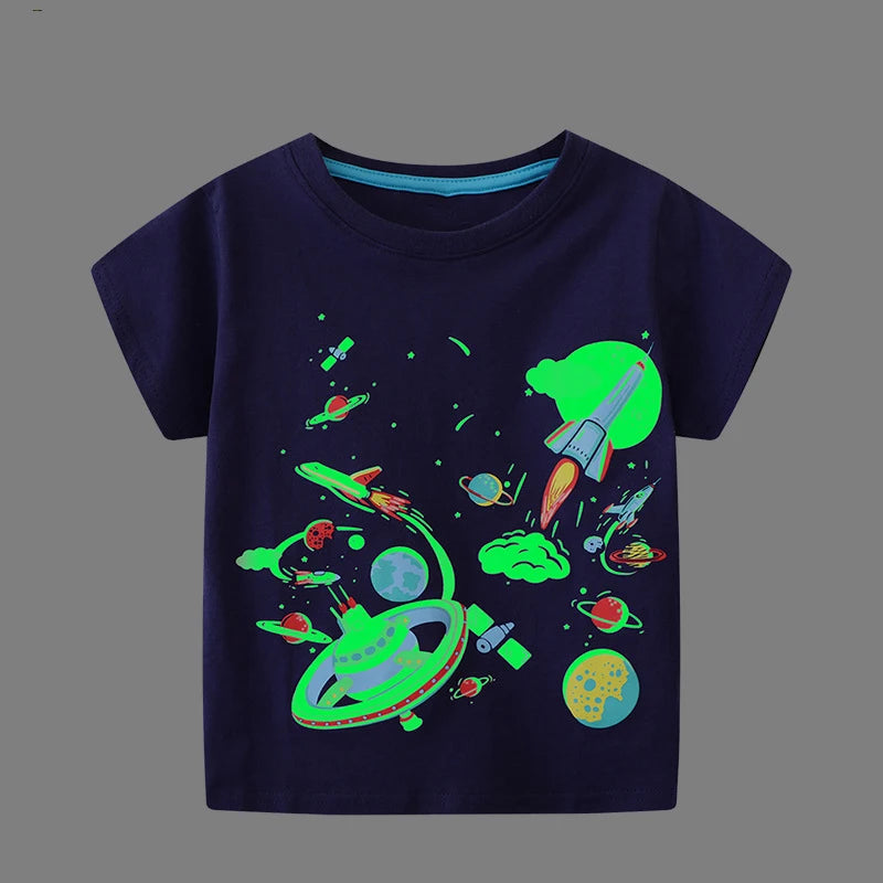 Little maven 2026 New Fashion Boys T-shirt Summer Luminous Dinosaur Animal Cotton Causal Clothes Lovely Tops for Kids 2-7 year