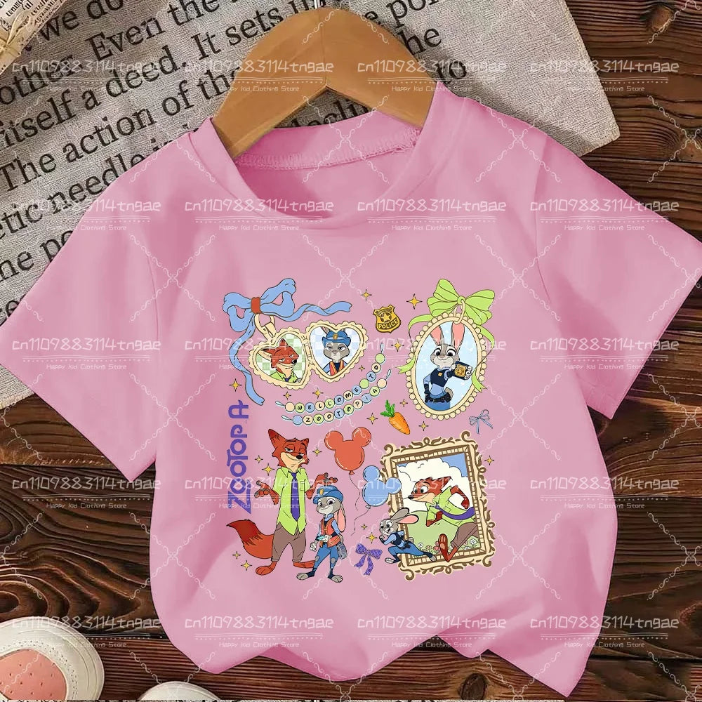 2026 Summer Children Girl Boy Cotton Clothes  Zootopia Cartoon Prints T-shirts Fashion Kid Baby Short Sleeve Crew Neck Top