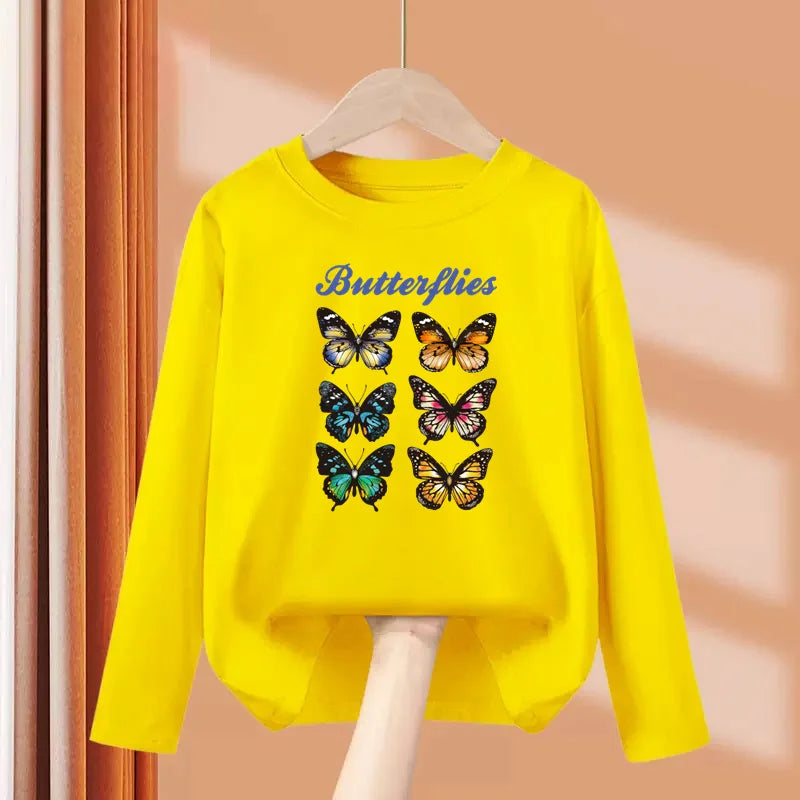 Girls New Autumn Clothes Paris Eiffel Tower T-shirt Long sleeved Cotton Tops Little Girl Butterfly Party Tees