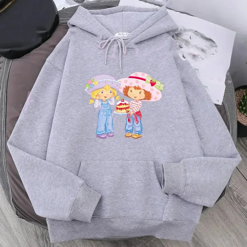 Cartoon Strawberry Women Hoodies Strawberry shortcake Hoodies Tops Long Sleeve Pockets Fashion Hooded Sweatshirts