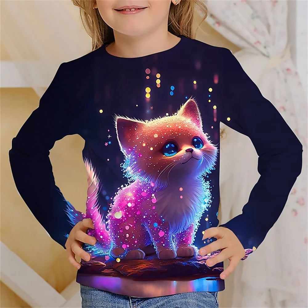 Girls Clothes for Kid Long Sleeve T-Shirt Children from 9 to 12 Years Cute Cartoon Cat Animal Printed Polyester Autumn Tee Shirt