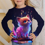 Girls Clothes for Kid Long Sleeve T-Shirt Children from 9 to 12 Years Cute Cartoon Cat Animal Printed Polyester Autumn Tee Shirt