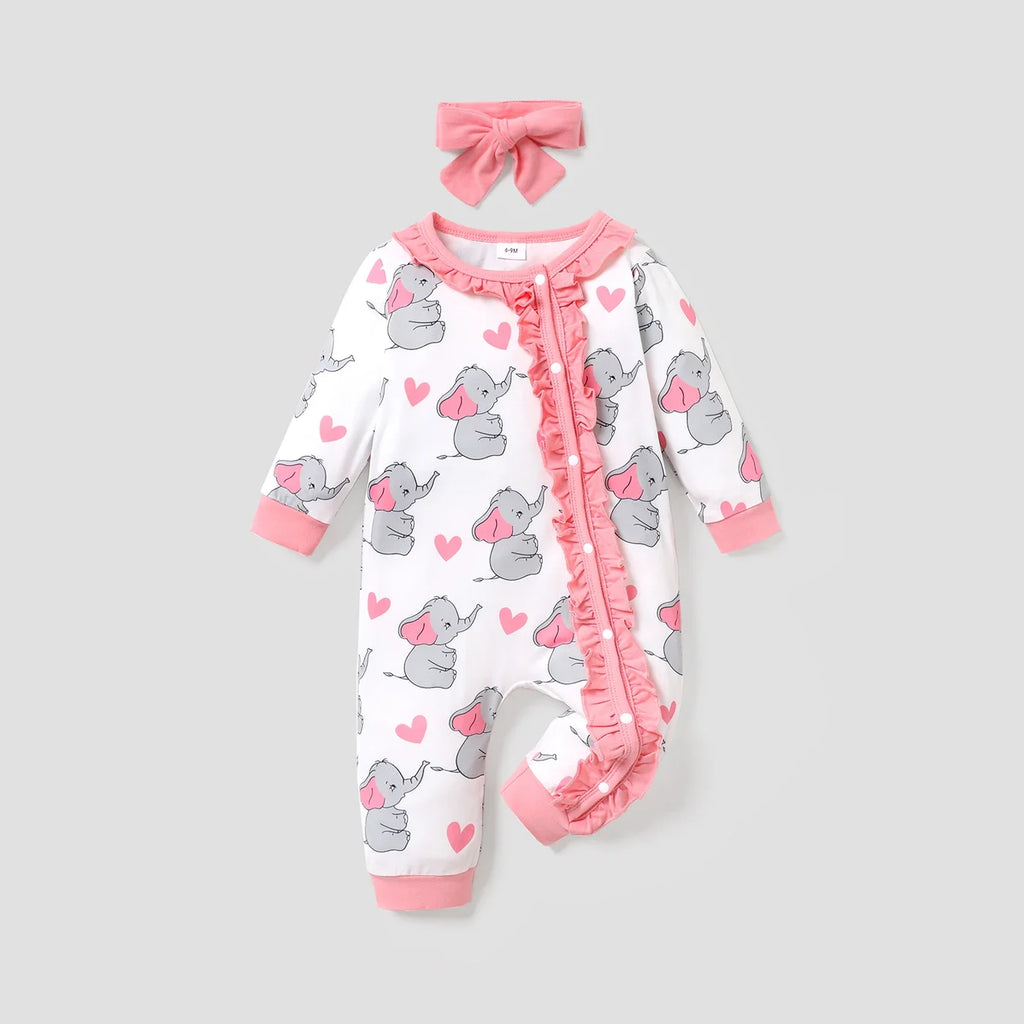 PatPat 2pcs All Over Cartoon Koala Print White Long-sleeve Ruffle Snap-up Baby Jumpsuit Set Soft and Comfortable