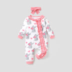 PatPat 2pcs All Over Cartoon Koala Print White Long-sleeve Ruffle Snap-up Baby Jumpsuit Set Soft and Comfortable