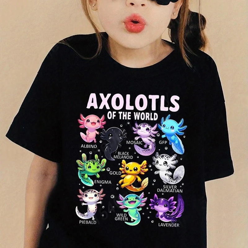Colorful Cartoon Axolotls Graphic 3D Print T-Shirt Summer Casual Comfy Girls Clothes 2-10Y Short Sleeve T-Shirt for Children Top