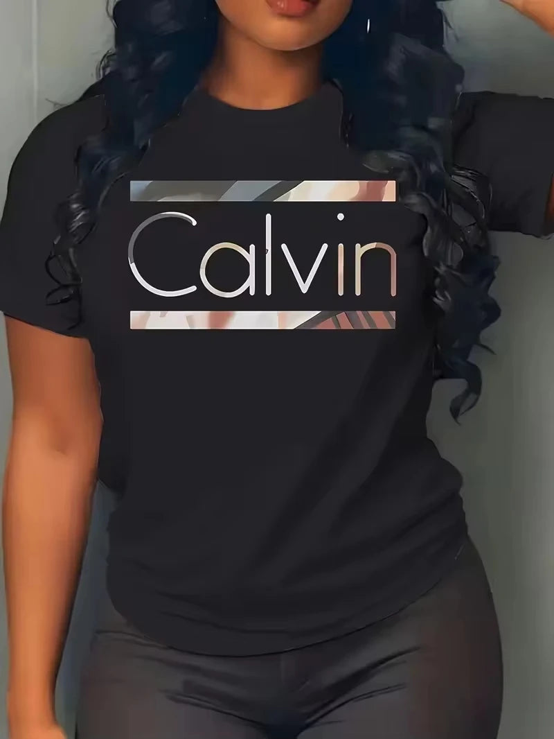 Hot Sale Women's Summer Fashion Casual Calvin Letter Pattern Print Loose Round Neck Short Sleeve Sportswear T-shirt Y2k Clothes