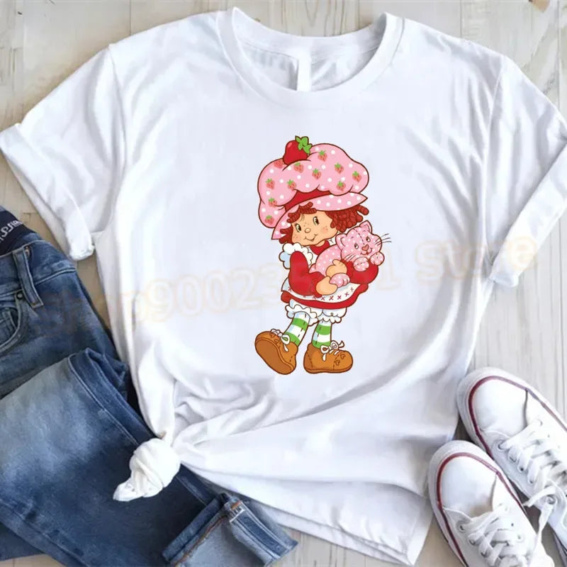 Cute Strawberry Shortcake T-Shirt for Women Retro Cartoon Printed T Shirts Loose Short Sleeved Tops Casual Round Neck Tees