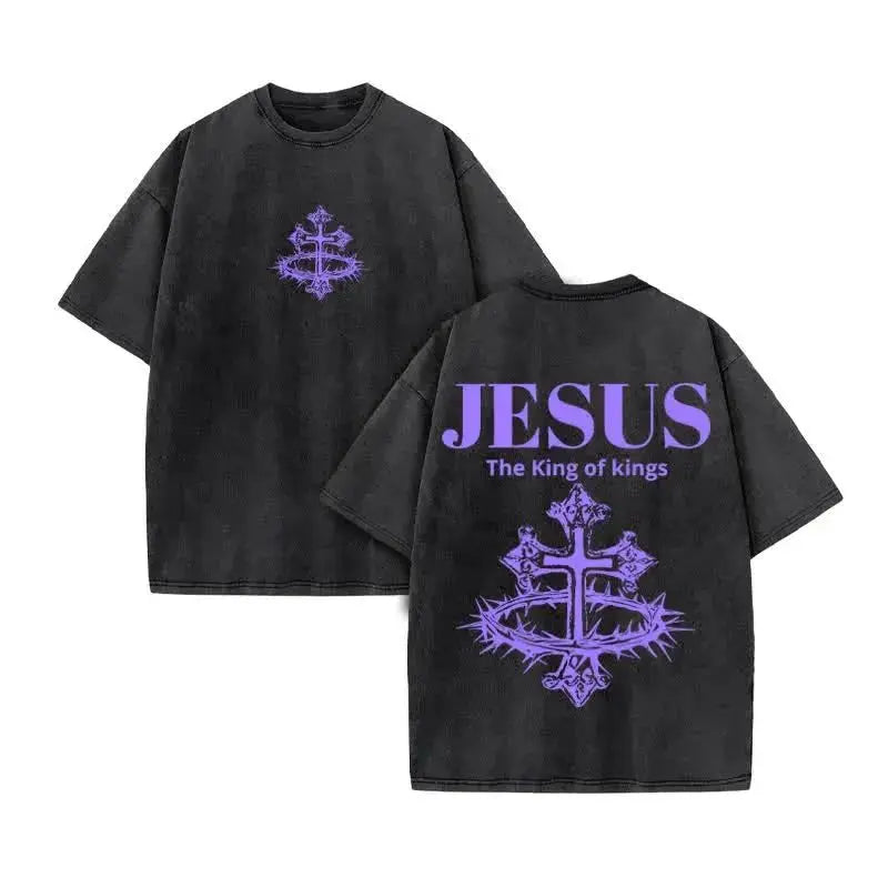 Summer top Men's T-shirt Christian Jesus design new wash short sleeve street print vintage T-shirt oversized for men and women