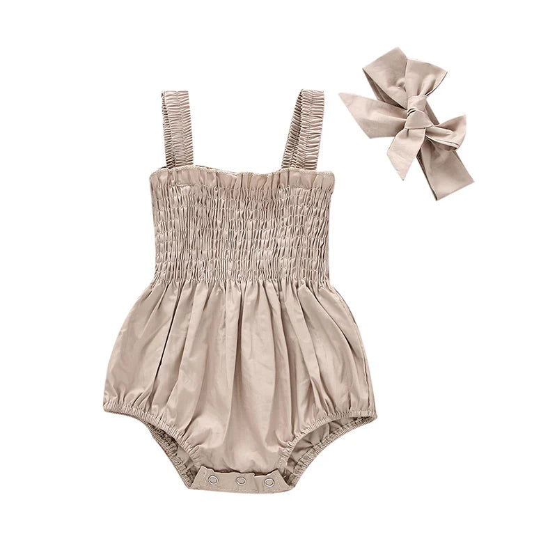Infant Baby Girl Romper Clothes Ruched Casual Sleeveless Newborn Bodysuit with Headband Summer Jumpsuit Cute Toddler Outfit Suit