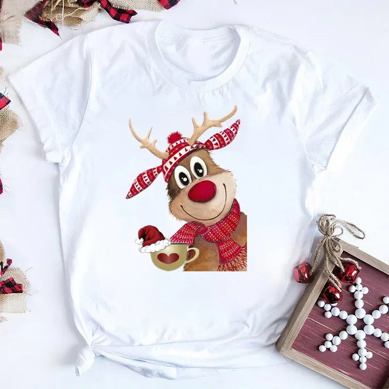 Women Tshirts Merry Christmas Tree Print Red Top Femal New Clothing Short Sleeve 90s Girls Lucky Deer T-shirts Aesthetic Clothes