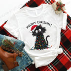 Women'S Casual Graphic T-Shirt - Meowy Christmas Print, Short Sleeve O Neck Top for Christmas Xmas T-Shirts Christmas Santa Tees