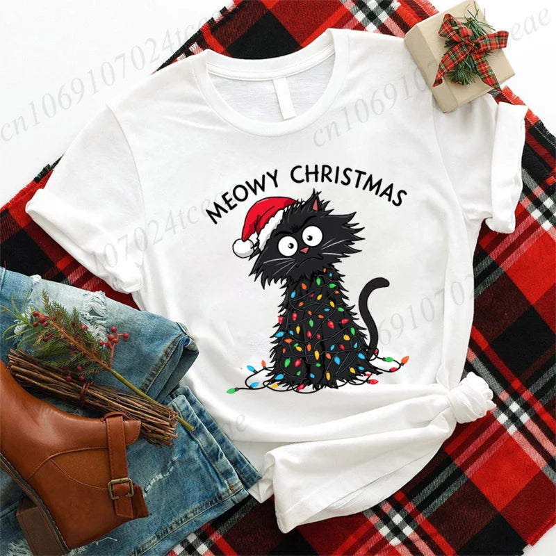Women'S Casual Graphic T-Shirt - Meowy Christmas Print, Short Sleeve O Neck Top for Christmas Xmas T-Shirts Christmas Santa Tees
