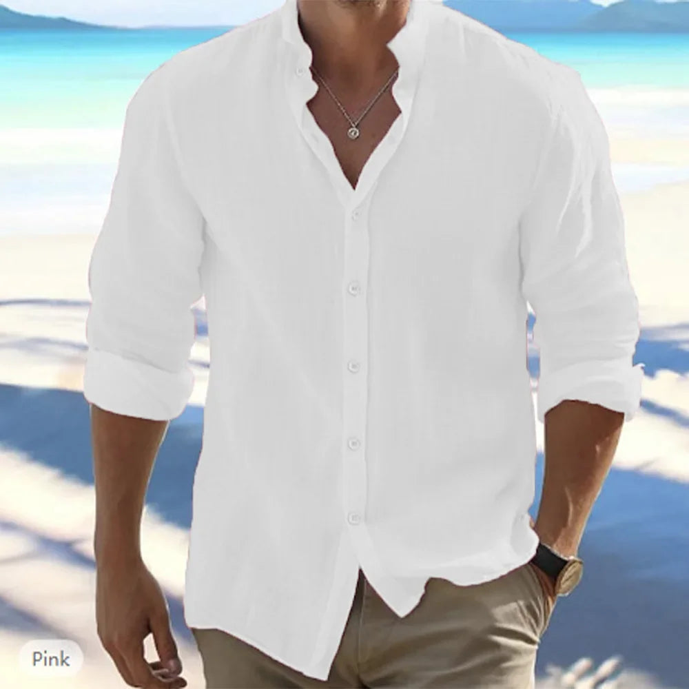 Men's Long-Sleeved Cotton Linen Summer Hot Sale Beach Style Shirts Solid Color Casual Versatile Stand-Up Collar Shirt Male Top