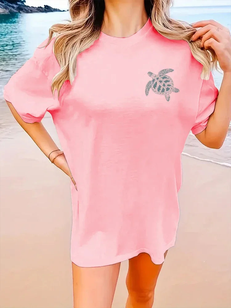 2024 New Cute Turtle Letter Printed T-shirt Summer Short Sleeved Round Neck Casual Top Pure Cotton Women's Fashion Clothing