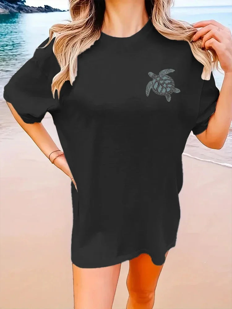 2024 New Cute Turtle Letter Printed T-shirt Summer Short Sleeved Round Neck Casual Top Pure Cotton Women's Fashion Clothing