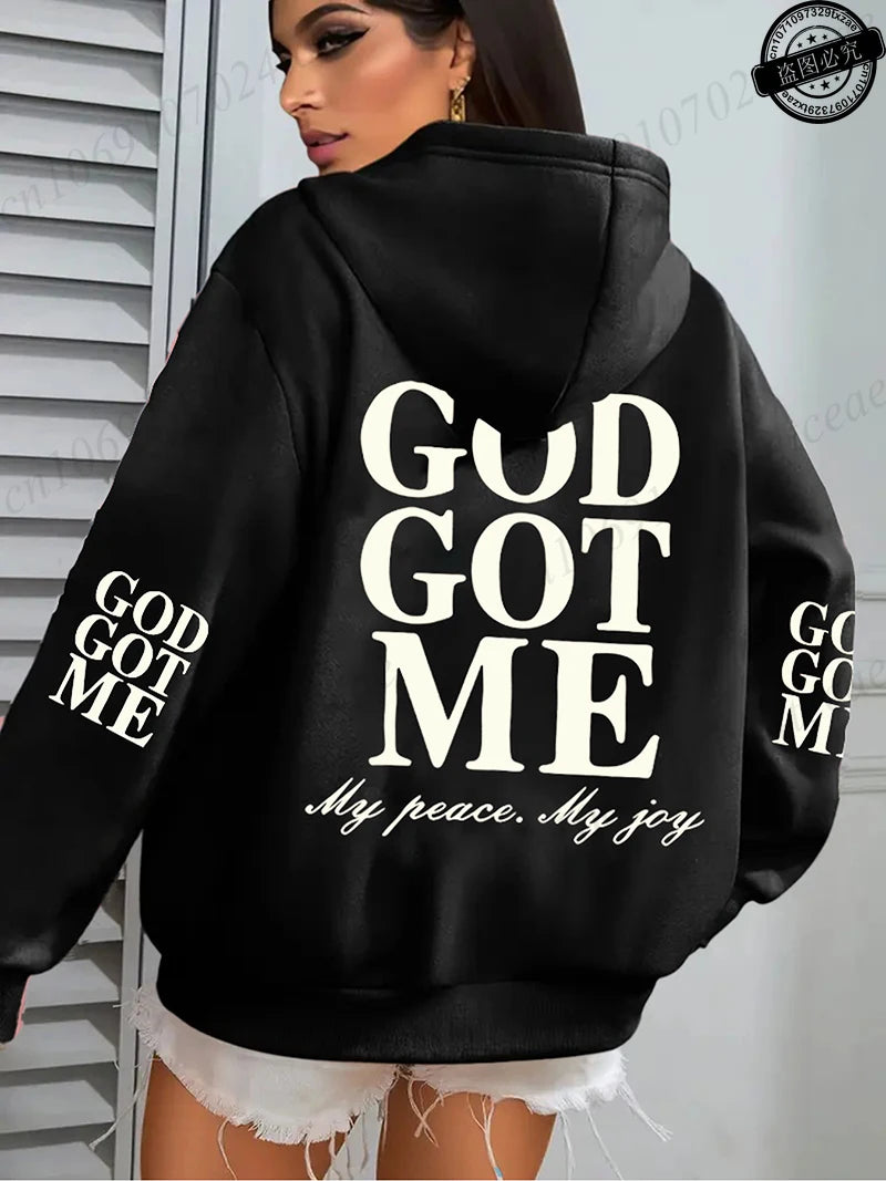 New Hoodies God Got Me Print Pullover Fashion Women Oversized Hoodie Long Sleeve Casual Hooded Sweatshirt Christian Design Hoody