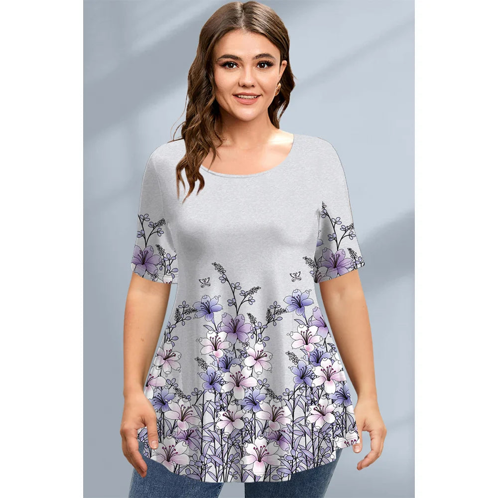Large Size Loose Fit Women's T-shirt Summer New Short Sleeve Crewneck Tshirt Flower 3d Print Top Plus Size Ladies Clothing