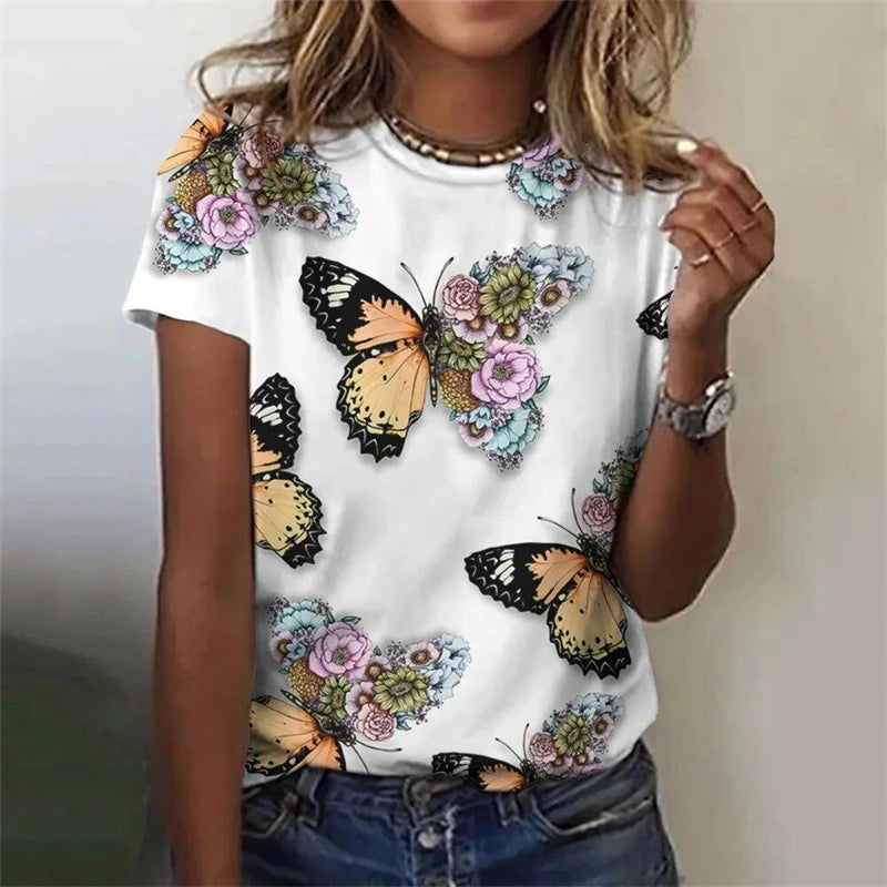 Summer Casual Vintage Women's T-shirts Ladies 3D Print Butterfly O-Neck T Shirt Female Fashion Loose Short Sleeve Tops Tees