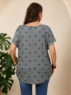 Plus Size Heart Design Pattern Printed T-shirts Summer Fashionable High Quality Short Sleeved Casual Sports V-Neck Pullover Tops