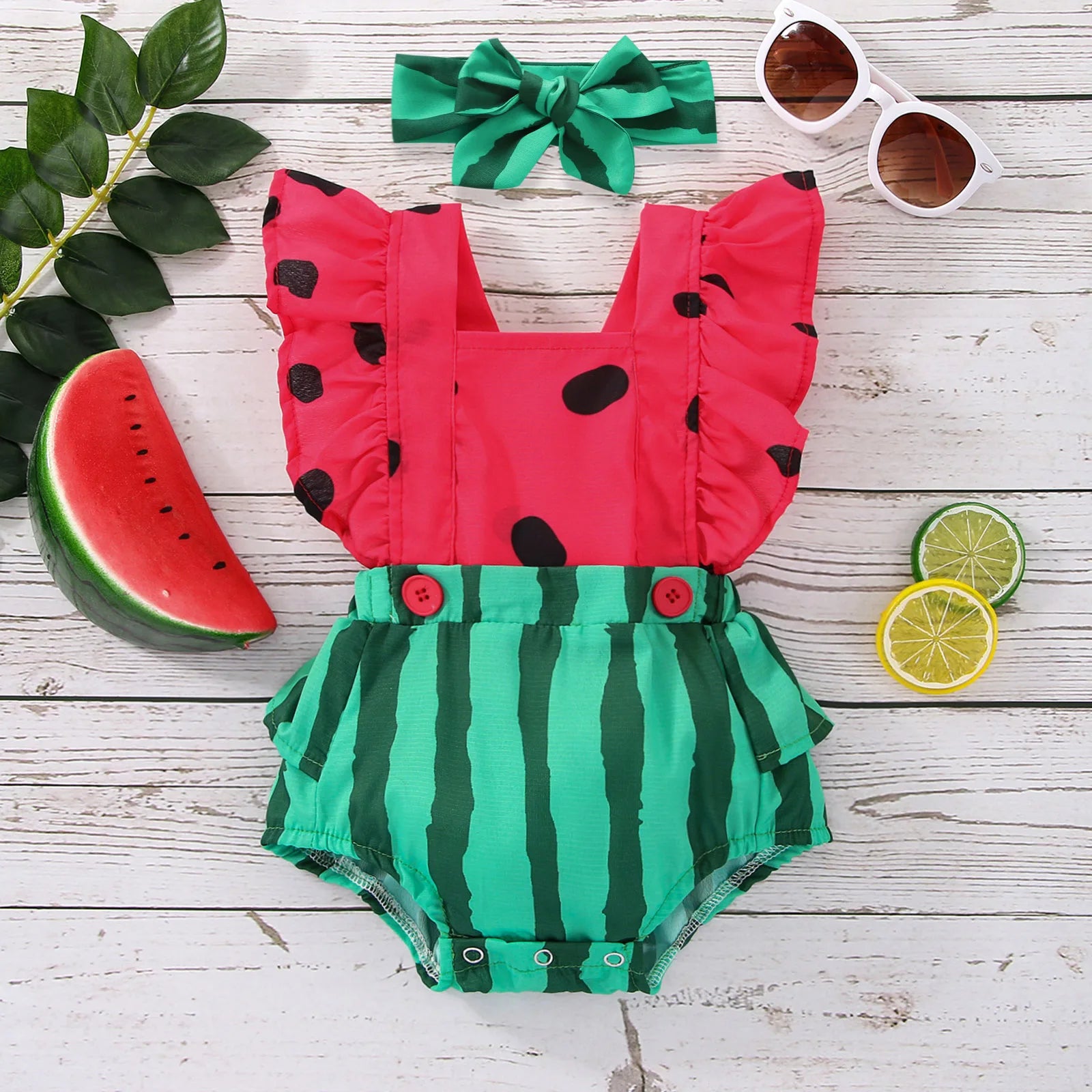 Citgeett Summer Infant Newborn Baby Girls Boys Bodysuit Outfits Watermelon Print Fly Sleeve Jumpsuit Headband Clothes