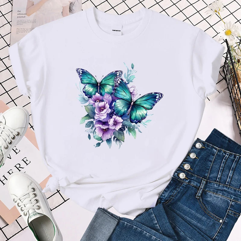 Women T-shirt Funny Flower Butterfly Print T-Shirts for Women Summer Round Neck Tee Shirt Femme Fashion Casual T-Shirts