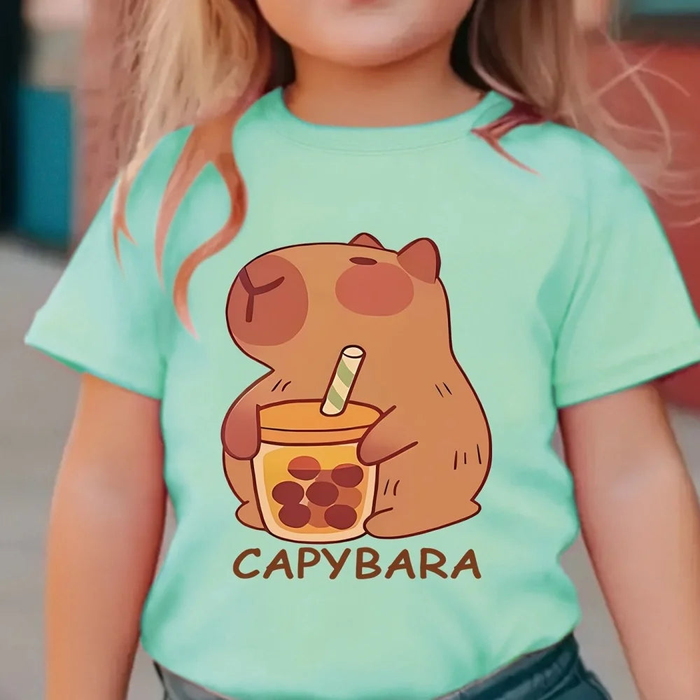 Capybara White Tshirt Kids Girl Clothes Short Sleeve Clothing for Girls Summer Children T-Shirt Fashion Tees Cute Capybaras Top