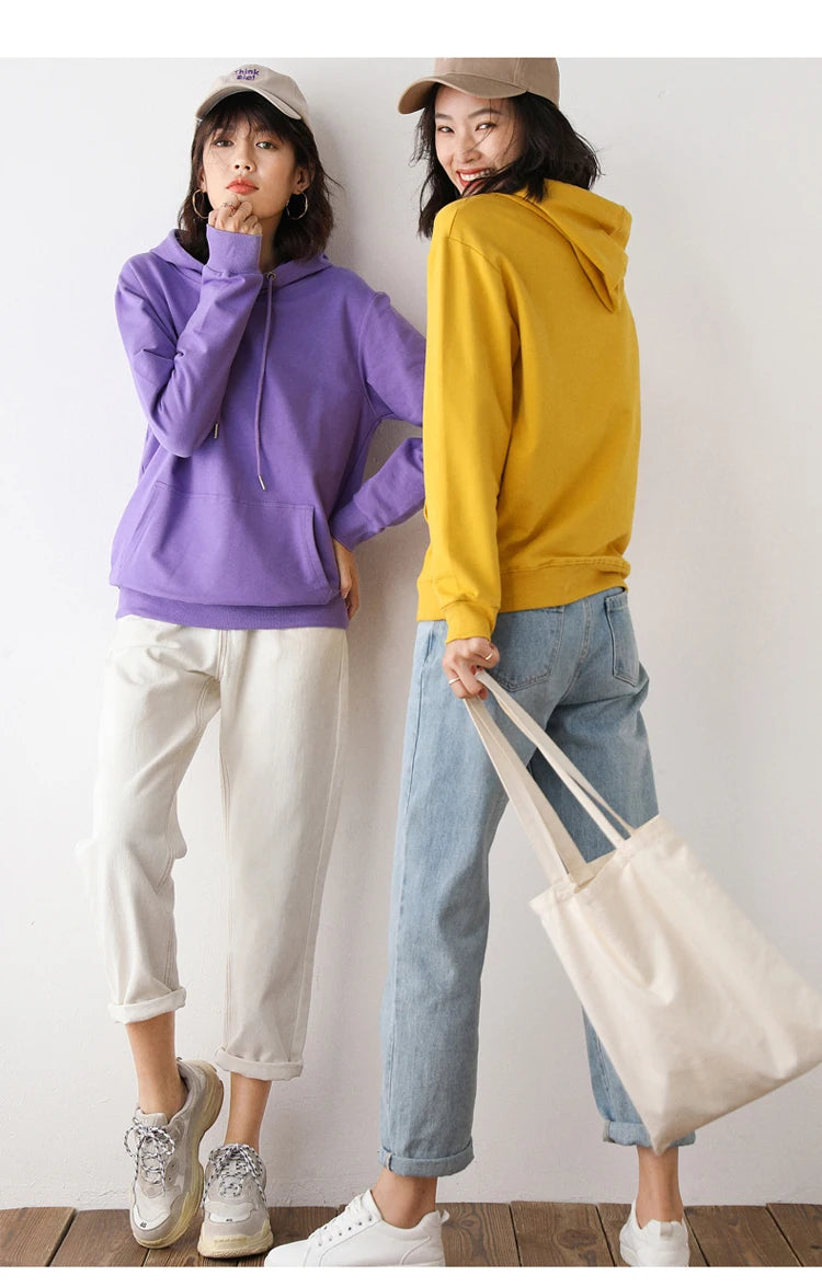 Women Hoodies 100% Cotton Spring Autumn Loose Long Sleeve Pullovers Solid Casual Ladies Outerwear Hooded Hoodie Womens Clothing