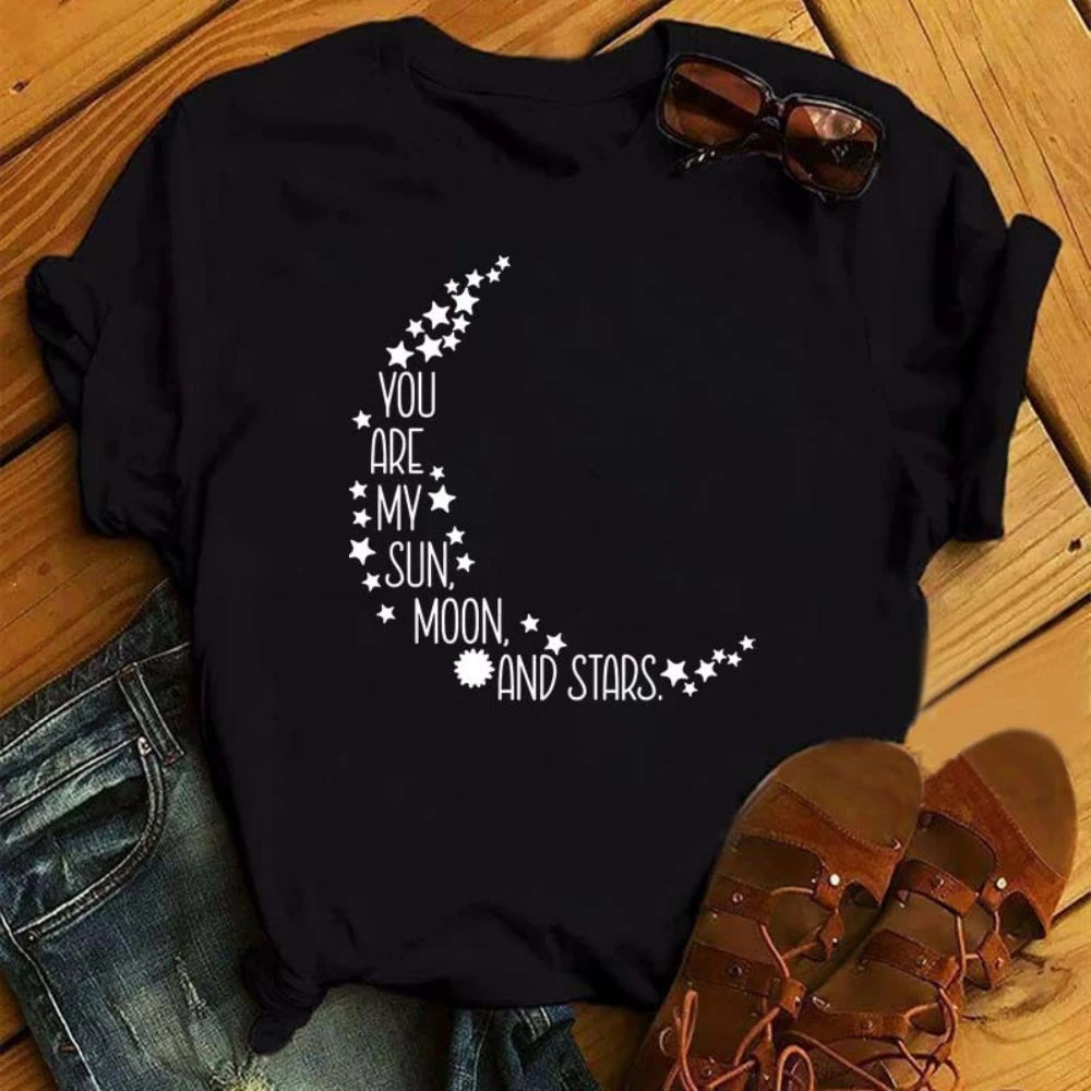 Gold and White Sun Moon Stars Print Women T Shirt Short Sleeve Women Tshirt Durable Plus-size Casual T-shirt Daily Streetwear