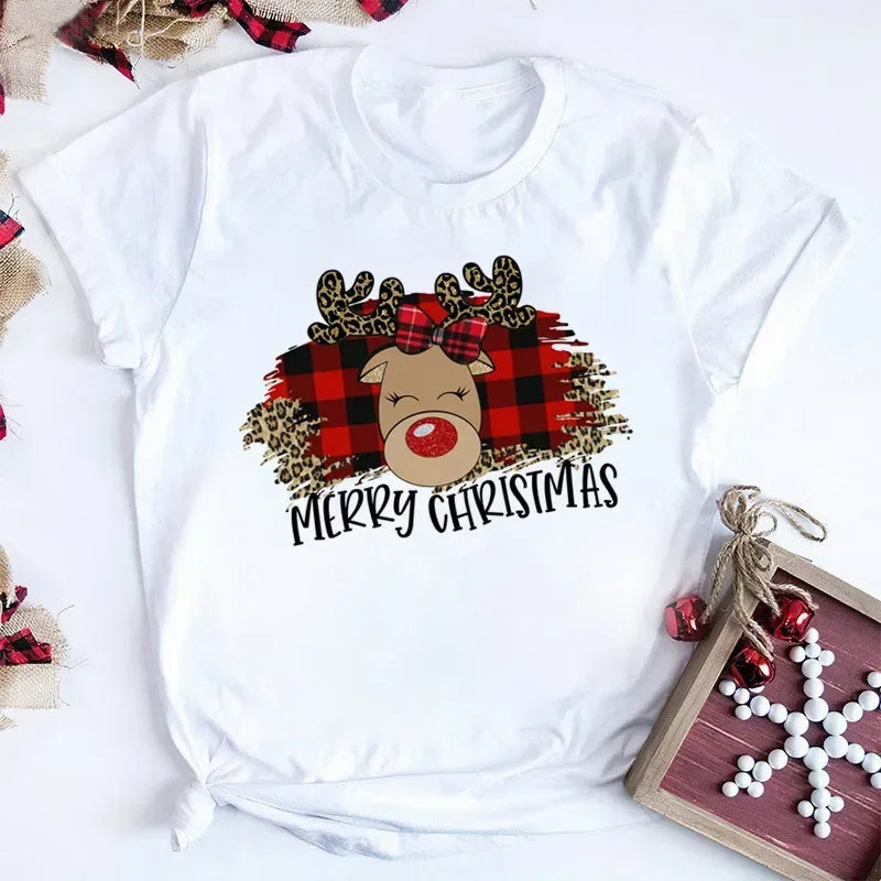 Women Tshirts Merry Christmas Tree Print Red Top Femal New Clothing Short Sleeve 90s Girls Lucky Deer T-shirts Aesthetic Clothes