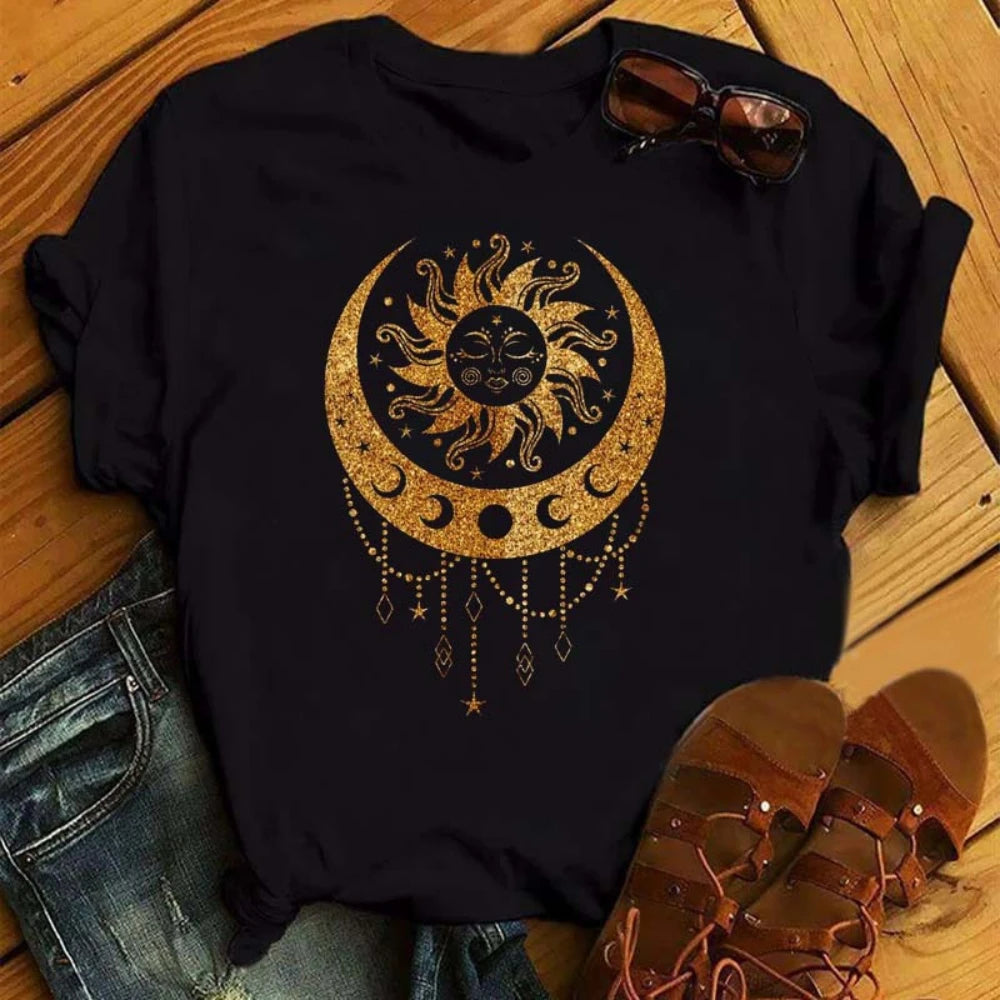 Gold and White Sun Moon Stars Print Women T Shirt Short Sleeve Women Tshirt Durable Plus-size Casual T-shirt Daily Streetwear