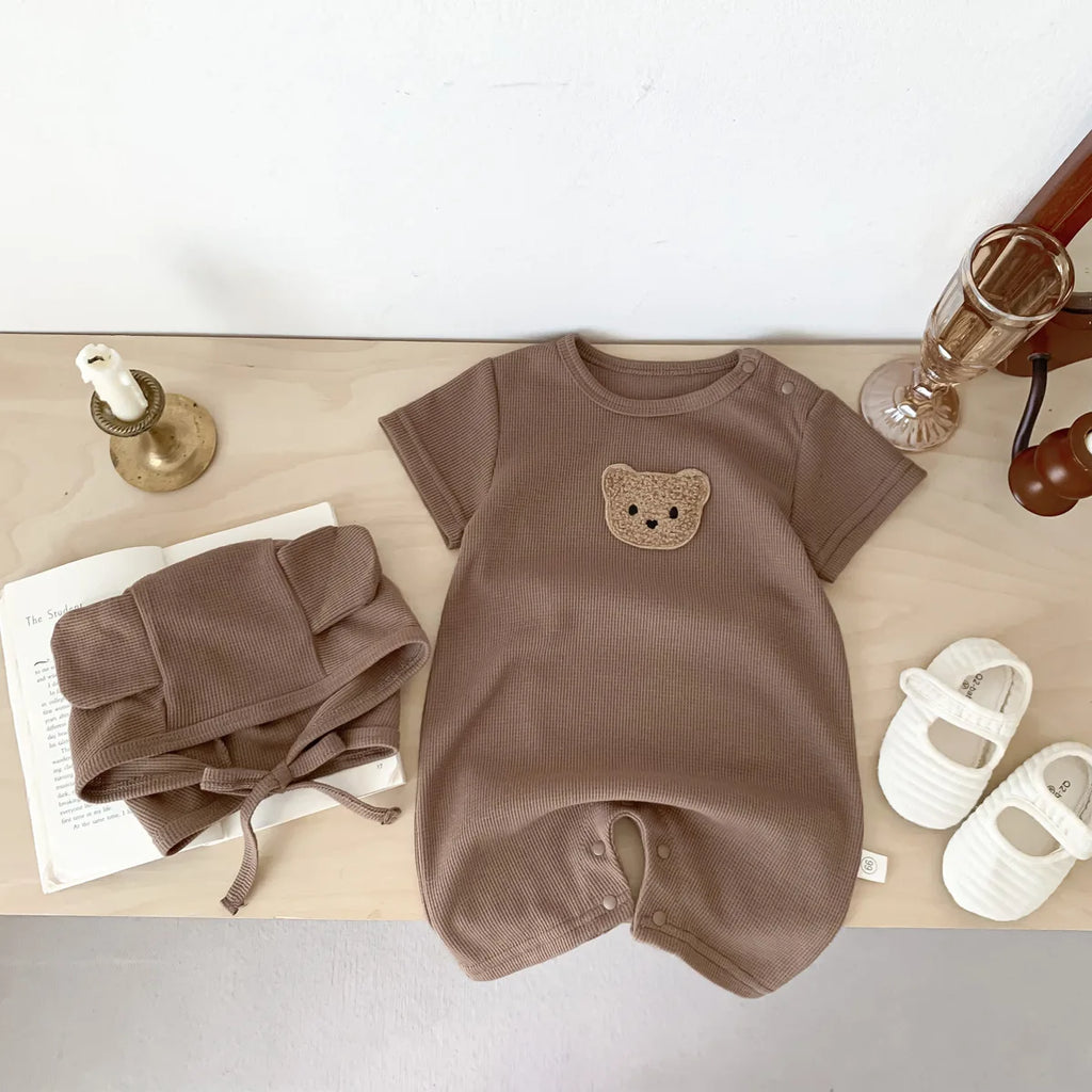 New In Summer Kids Baby Girls Boys Short Sleeve Waffle Patch Bear Infant Newborn Jumpsuits Cotton Romper Gift Hat with Ear