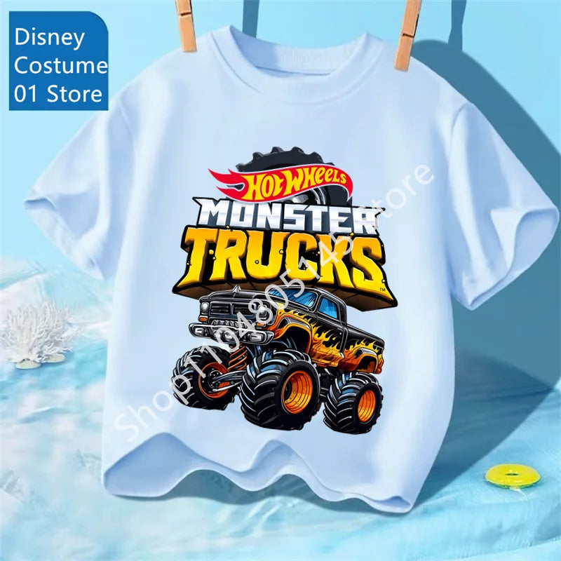 Summer Kids T Shirt Hot Wheels T-shirt Boys Girls Short Sleeve Tops Cartoon Cars Graphic Trucks Print T-shirt Children Clothing