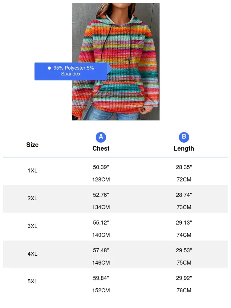 Women's Plus Size Striped Waffle Drawstring Hoodie Casual Long Sleeve Kangaroo Pocket Hooded Sweatshirt For Fall&Winter Clothing
