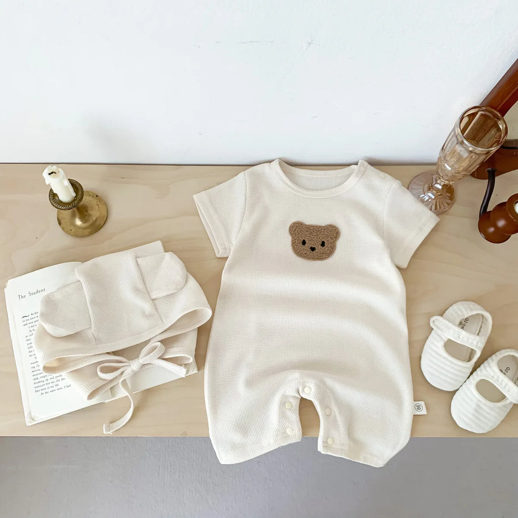 New In Summer Kids Baby Girls Boys Short Sleeve Waffle Patch Bear Infant Newborn Jumpsuits Cotton Romper Gift Hat with Ear