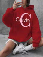 Street Style Calvin Hoodie Women's Plus Size _Calvin_ Pattern Hoodie - Casual Long Sleeved Pullover with Pocket hoodies women