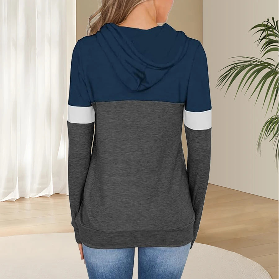 1pc Women'S Plus Size Color Block Hoodie, 95% Polyester 5% Spandex, Geometric Pattern, Slight Stretch, Knit Fabric, Hooded Pullo