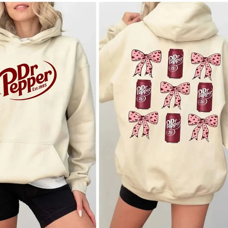 Dr Pepper Can and Bowknot Duplex Printing Hoodie Retro Soda Lover Pullover Women Fashion Daily Life Streetwear Fall Winter Tops