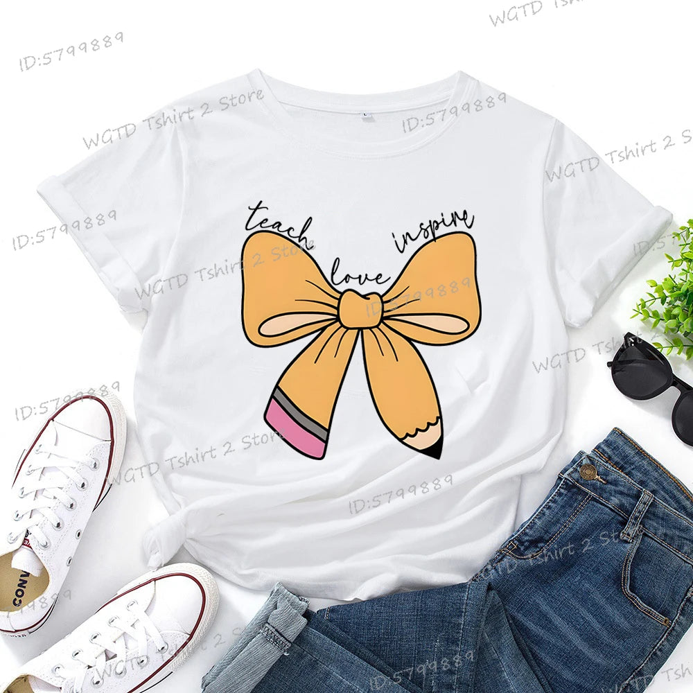 Women's Inspirational Teacher Graphic T Shirt Pencil Bow Design Short Sleeve Tee Gifts for Teacher's Day Crew Neck Classic Tops