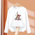 Girls New Autumn Clothes Paris Eiffel Tower T-shirt Long sleeved Cotton Tops Little Girl Butterfly Party Tees