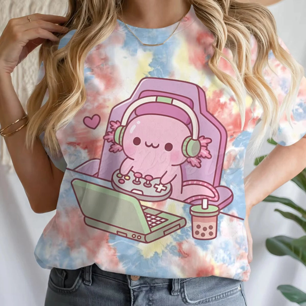 Girls' Summer Clothes Cute Axolotl Playing Games Graphic T-Shirt 3D Print Tie Dye Children's Clothing for Girl Short Sleeve Tee