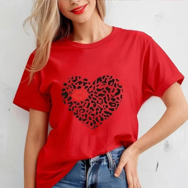 New Tshirts for Women Casual T Shirts Casual Tee Clothes Valentine Leopard Love Heart Printed T-Shirts Hip Hop Street Tops