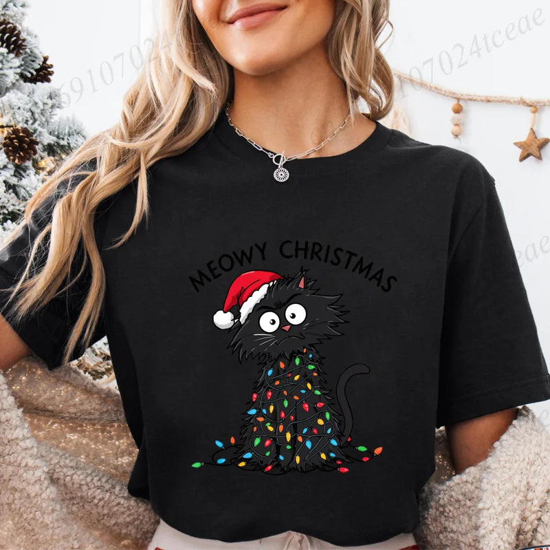 Women'S Casual Graphic T-Shirt - Meowy Christmas Print, Short Sleeve O Neck Top for Christmas Xmas T-Shirts Christmas Santa Tees