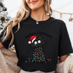 Women'S Casual Graphic T-Shirt - Meowy Christmas Print, Short Sleeve O Neck Top for Christmas Xmas T-Shirts Christmas Santa Tees