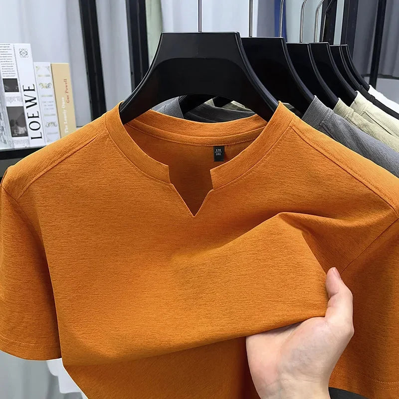 Korean Men's Casual and Fashionable Small V-neck Solid Color Short Sleeved T-shirt Comfortable Summer Versatile Top