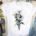 Beautiful Flower Print Women T-Shirts Casual Breathable Soft Short Sleeve Tops Loose Comfortable Street Female Clothes Pink T Sh